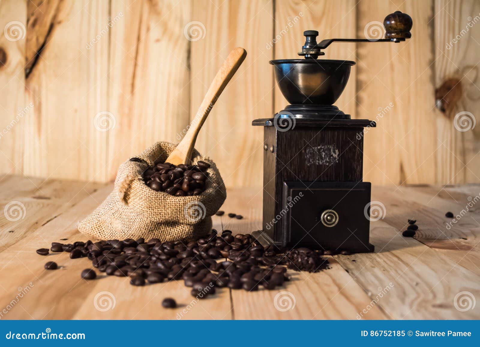 Coffee Bean in Bag on Wood Background Vintage Tone Stock Image Image