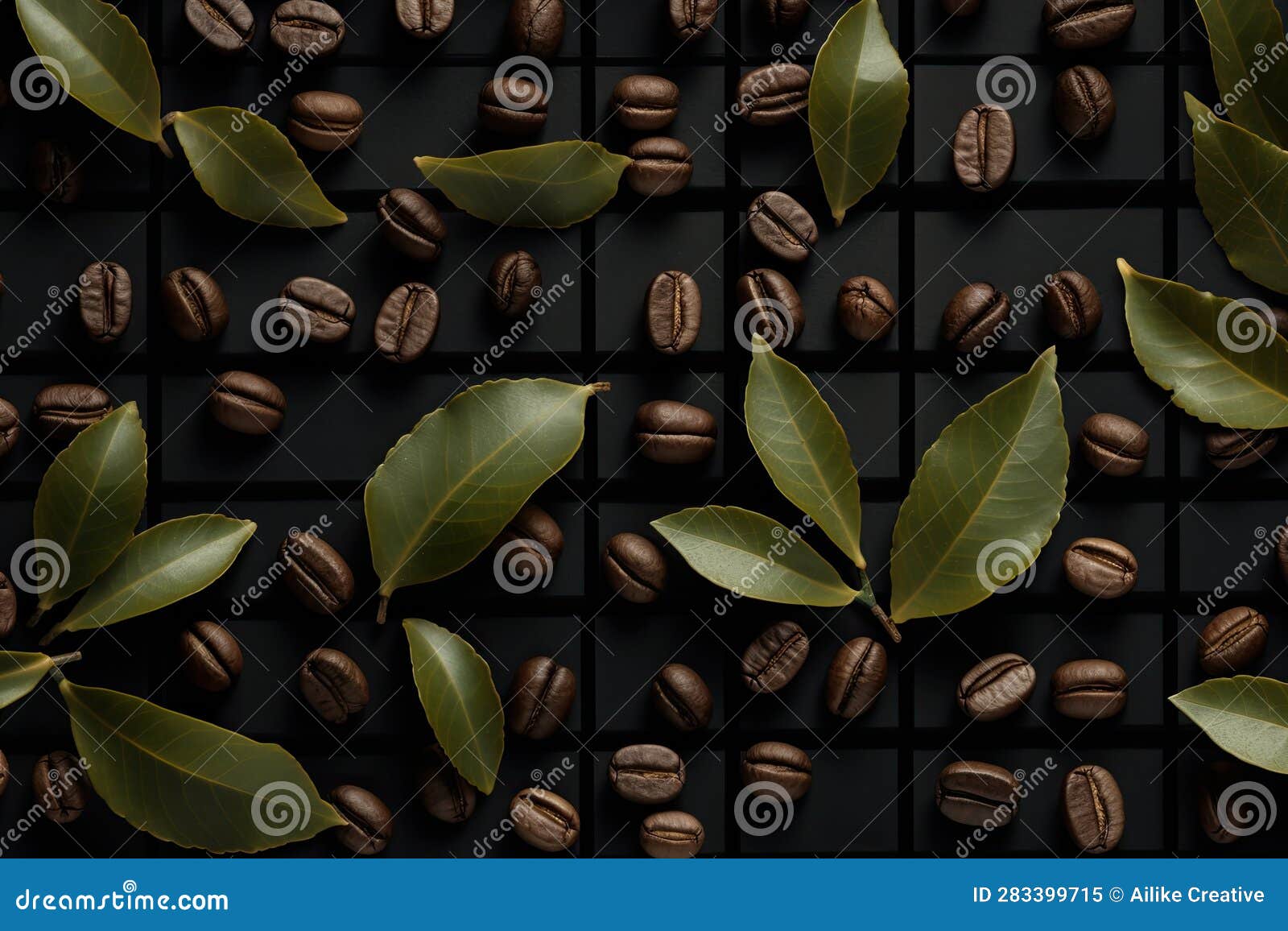 Coffee Beans and Bay Leaf on Black Background, Top View Stock