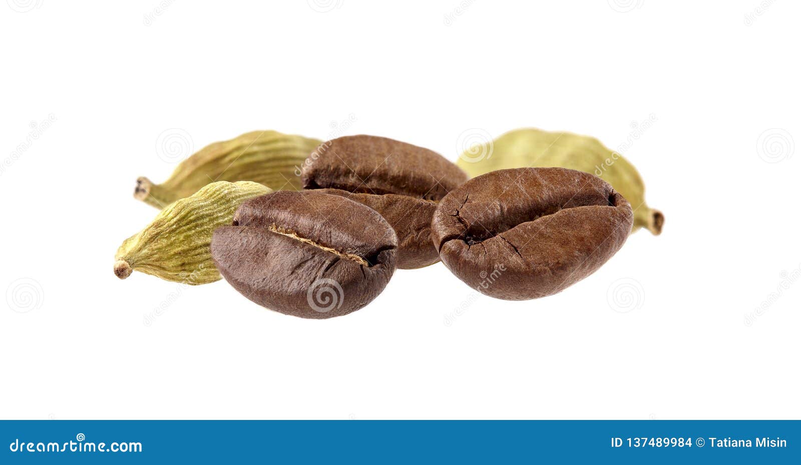 Coffee Beans with Cardamon Isolated on White Background Stock Photo