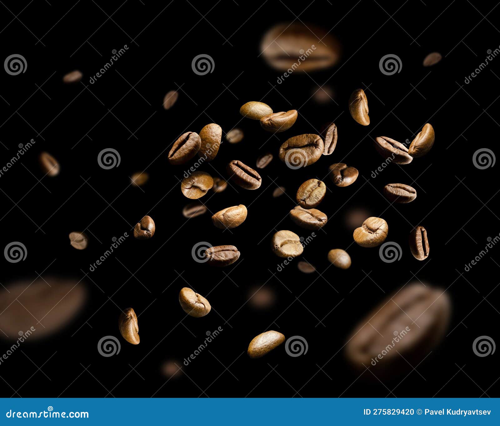 Coffee Beans Fly and Levitate in Space. Isolated on Black Stock