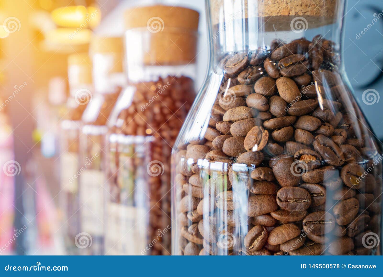 Coffee Beans in the Glass Bottle at Cafe Stock Photo Image of