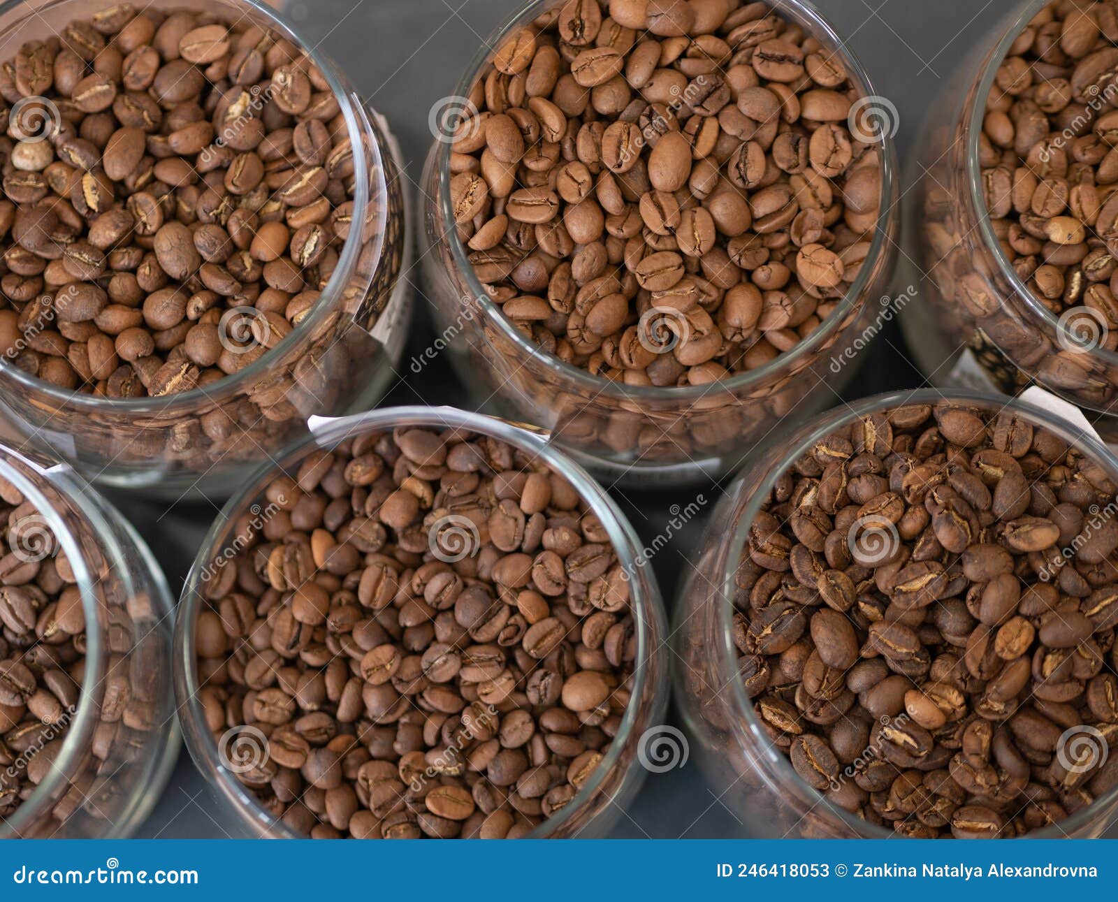 Coffee Beans in Glass Jars Standing in Rows Top View Stock Image