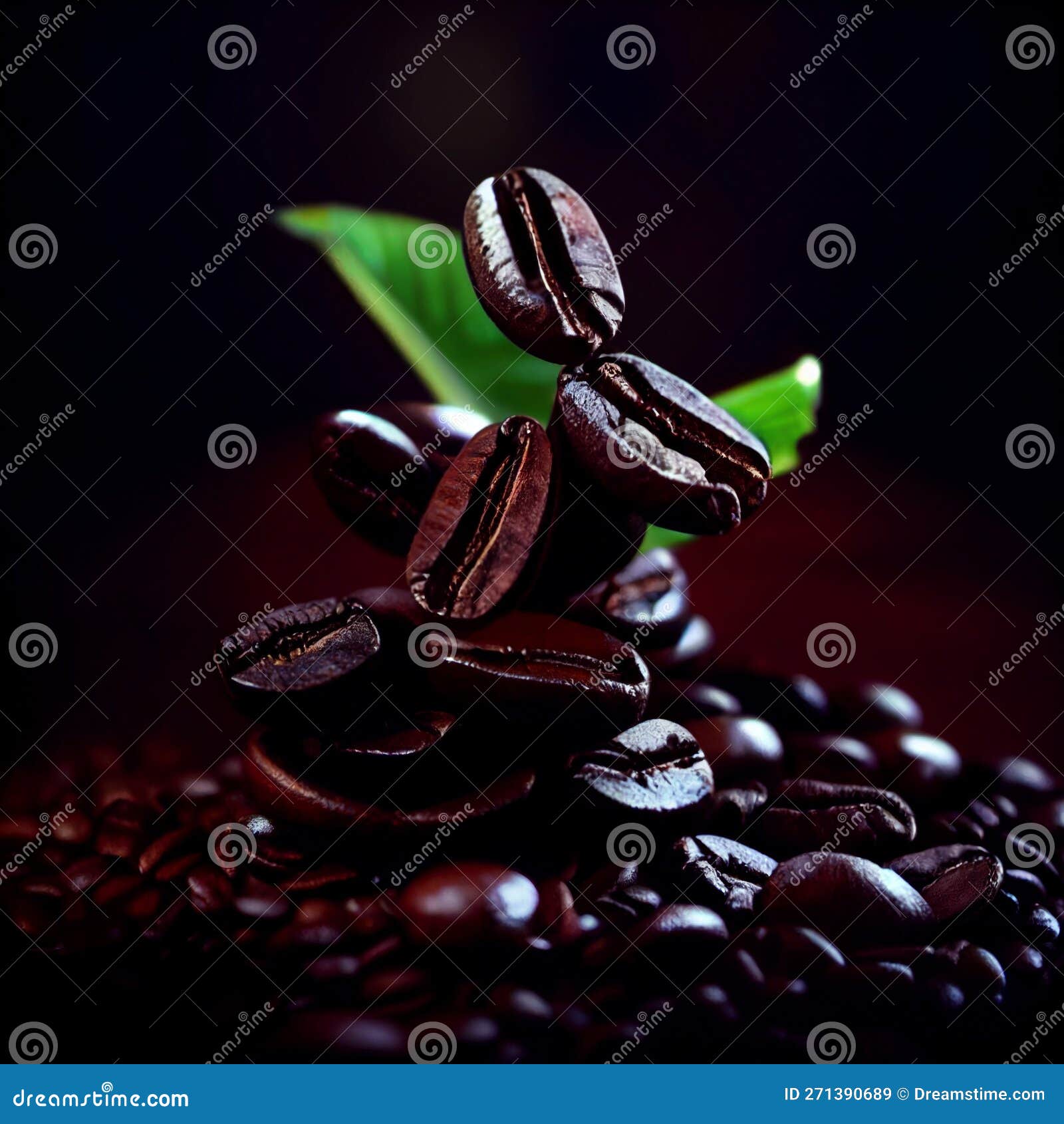 coffee beans with a green leaf on top of them in dark background