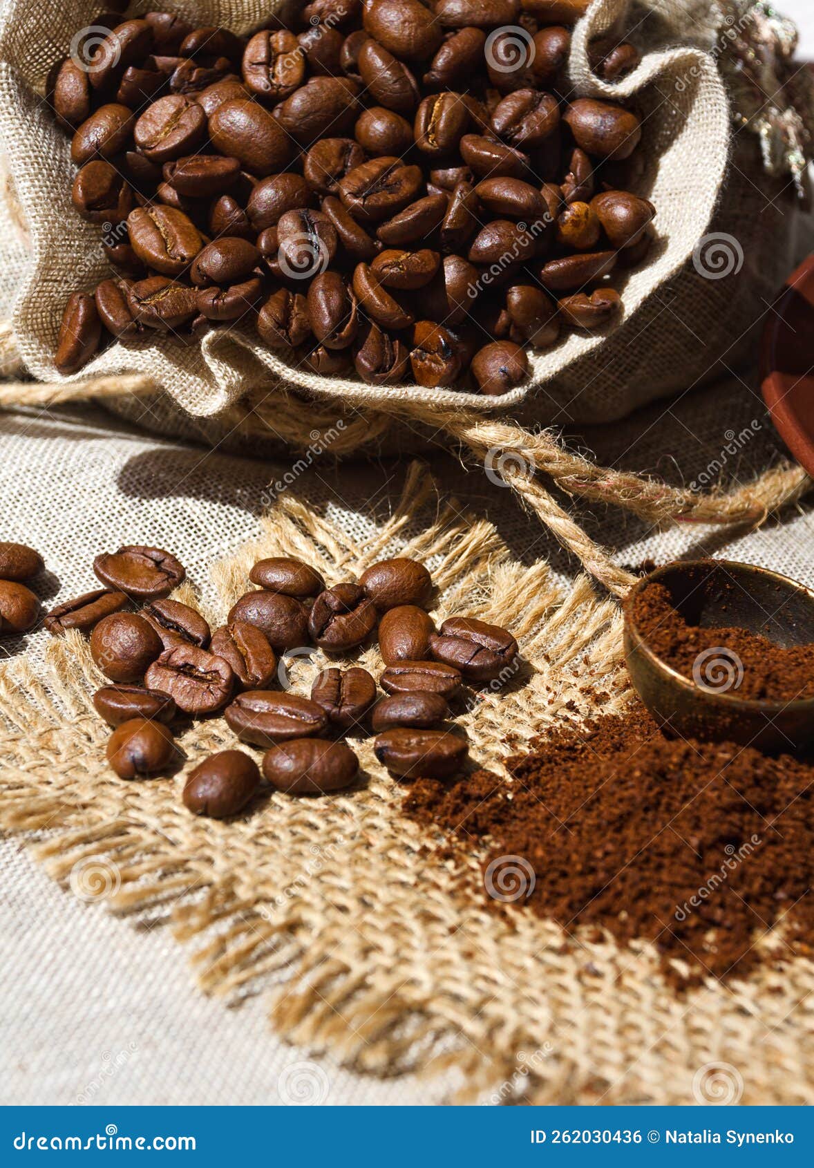 Coffee Beans and Ground Closeup on Burlap Stock Photo Image of