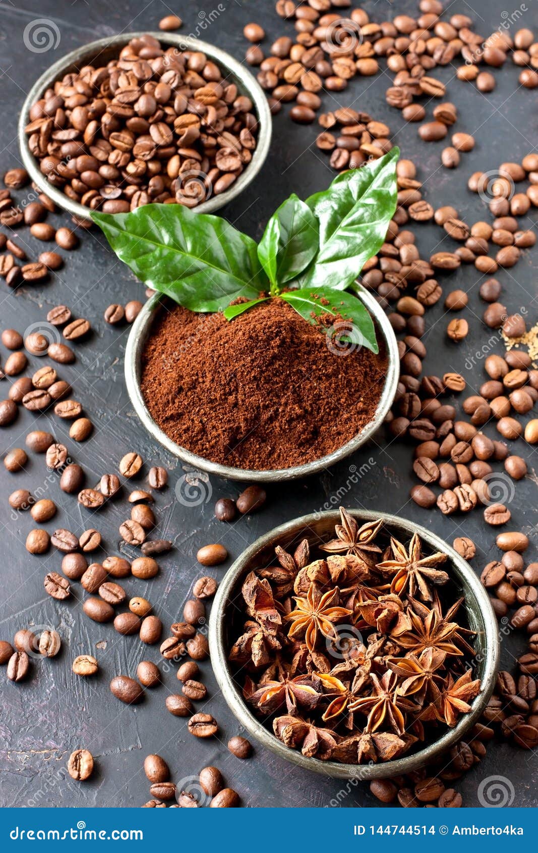 Coffee Beans And Ground Powder On Stone Background. Top