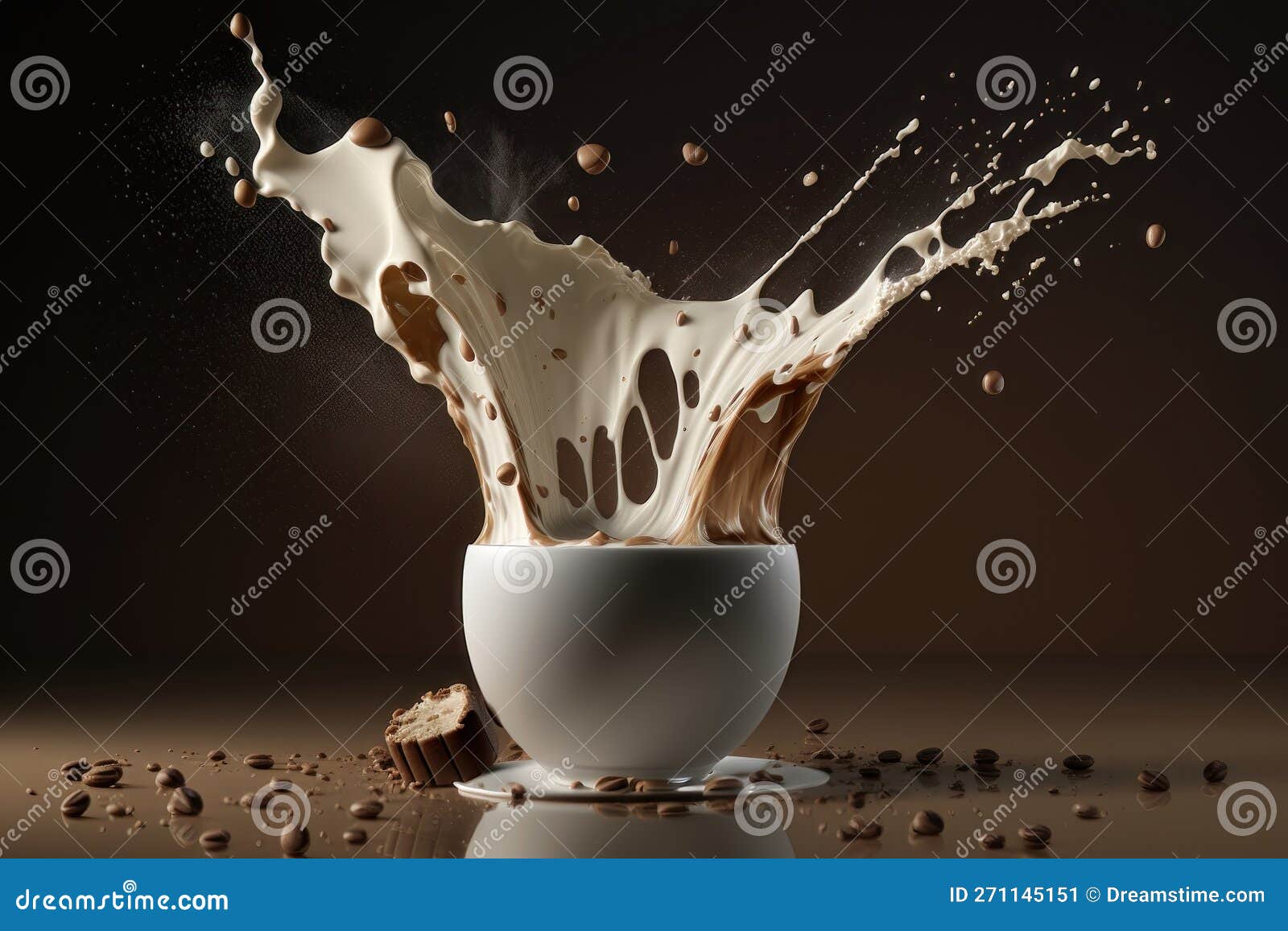 Coffee Beans and Milk Falling into Splash of Coffee. AI Generation