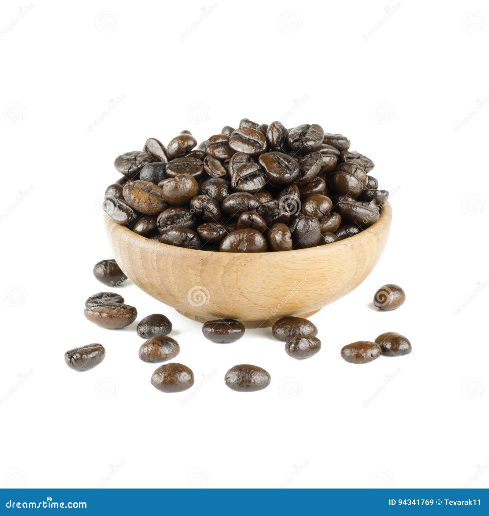 Coffee Beans in Olive Wood Bowl, Isolated on White Stock Image Image