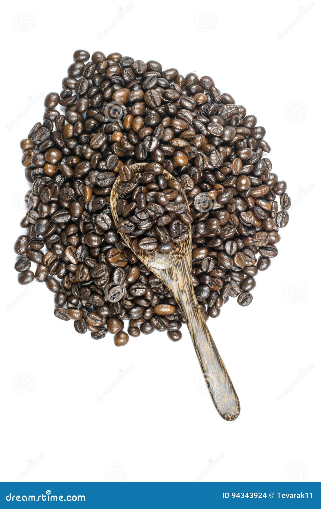 Coffee Beans in Olive Wood Spoon, Isolated on White Stock Photo Image
