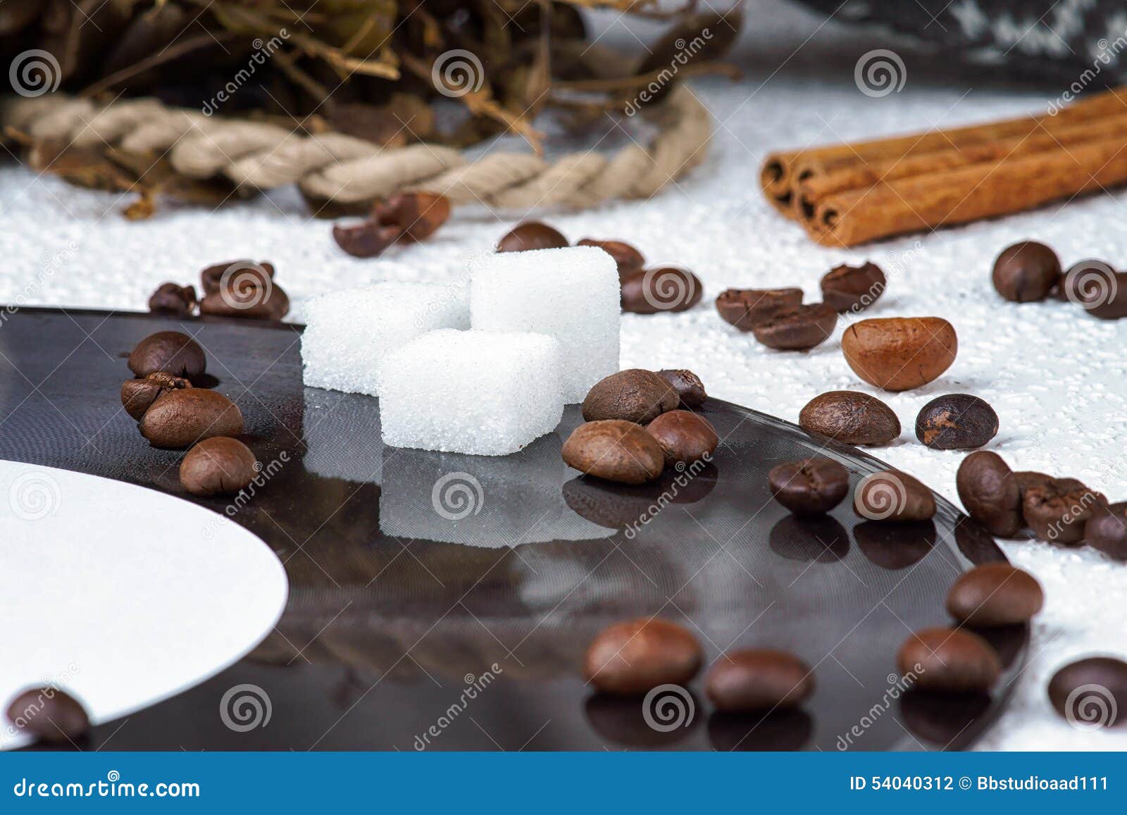 Coffee Beans and Sugar Cubes on a Vinyl Plate Stock Photo Image of