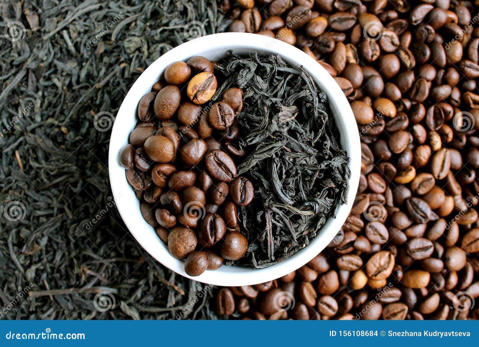 Coffee Beans and Tea in Leaves on the Same Plate Stock Photo Image of