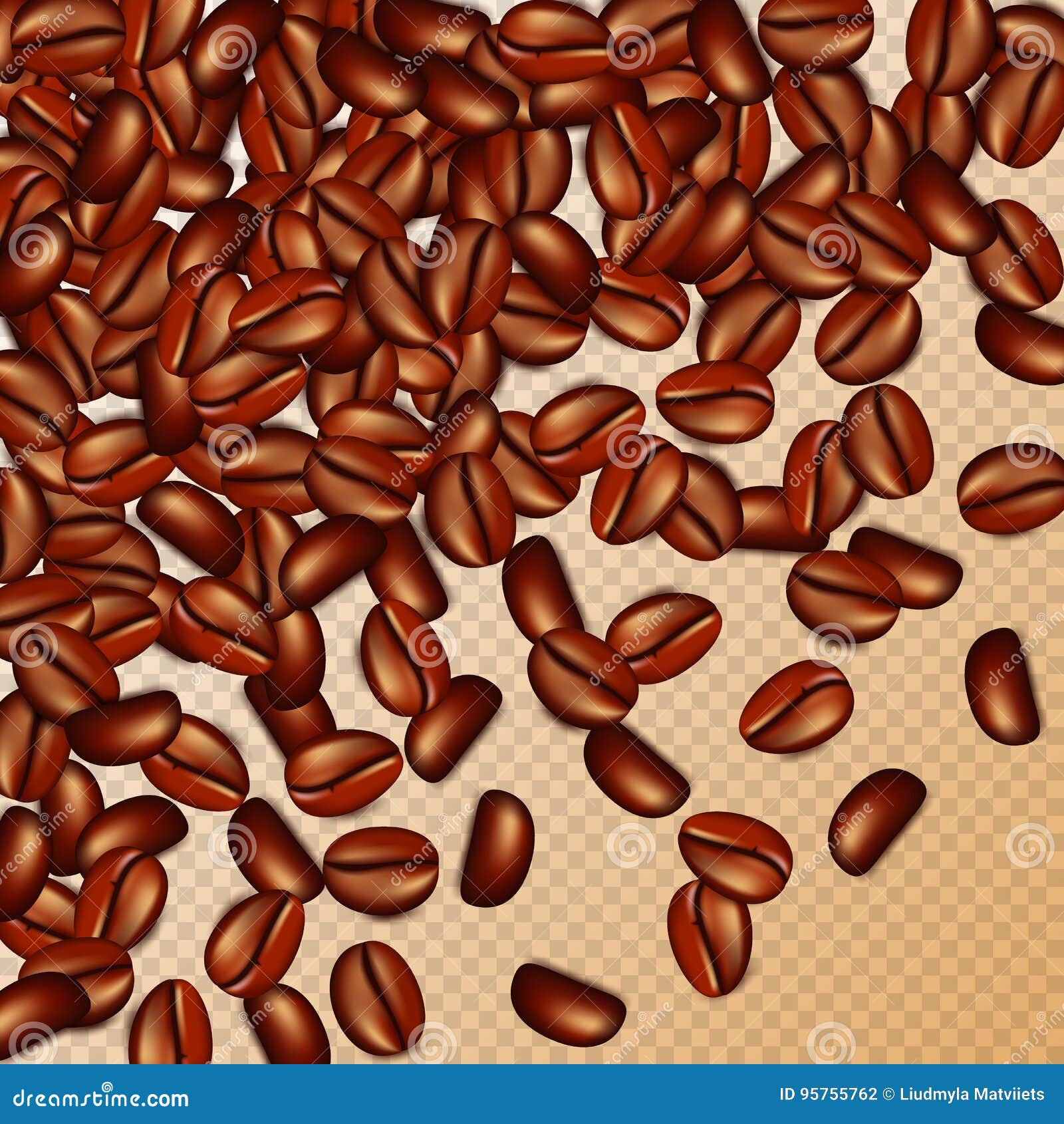 Realistic 3d coffee beans on transparent background. Vector illustration.