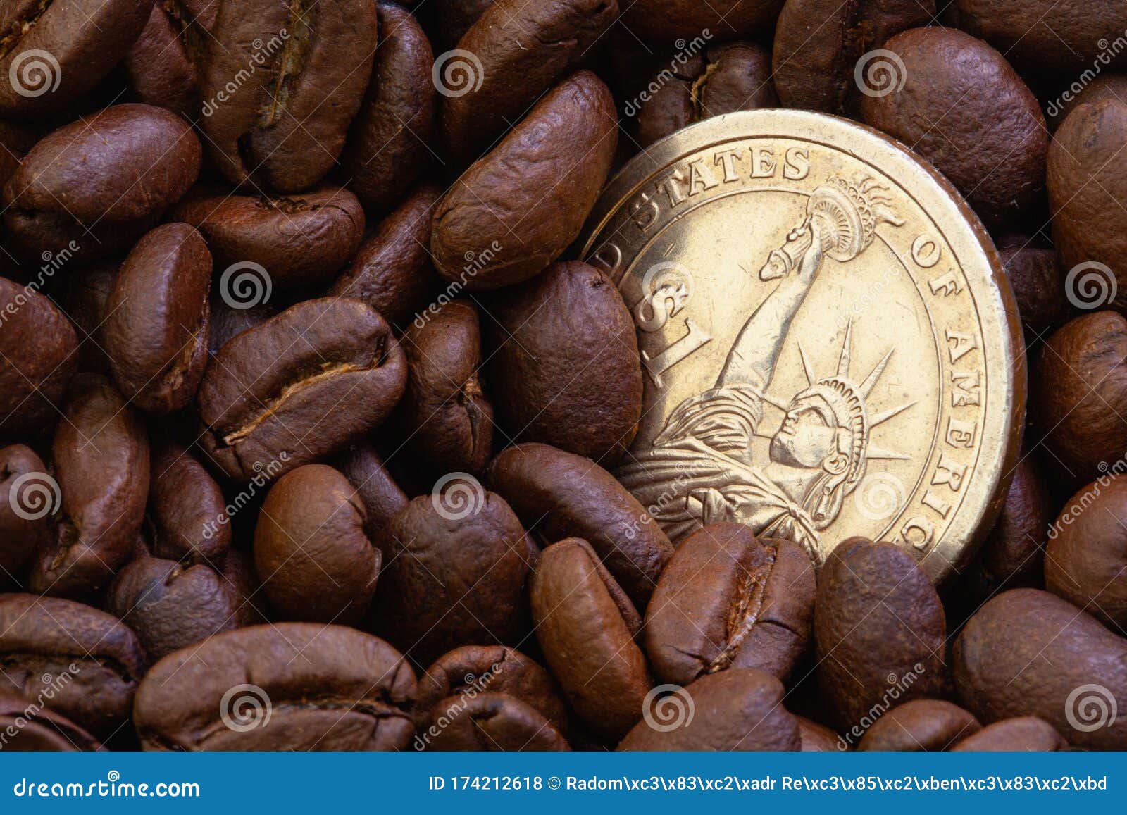 Coffee Beans and US Dollars. Fair Trade. Fresh Coffee Beans Stock Photo
