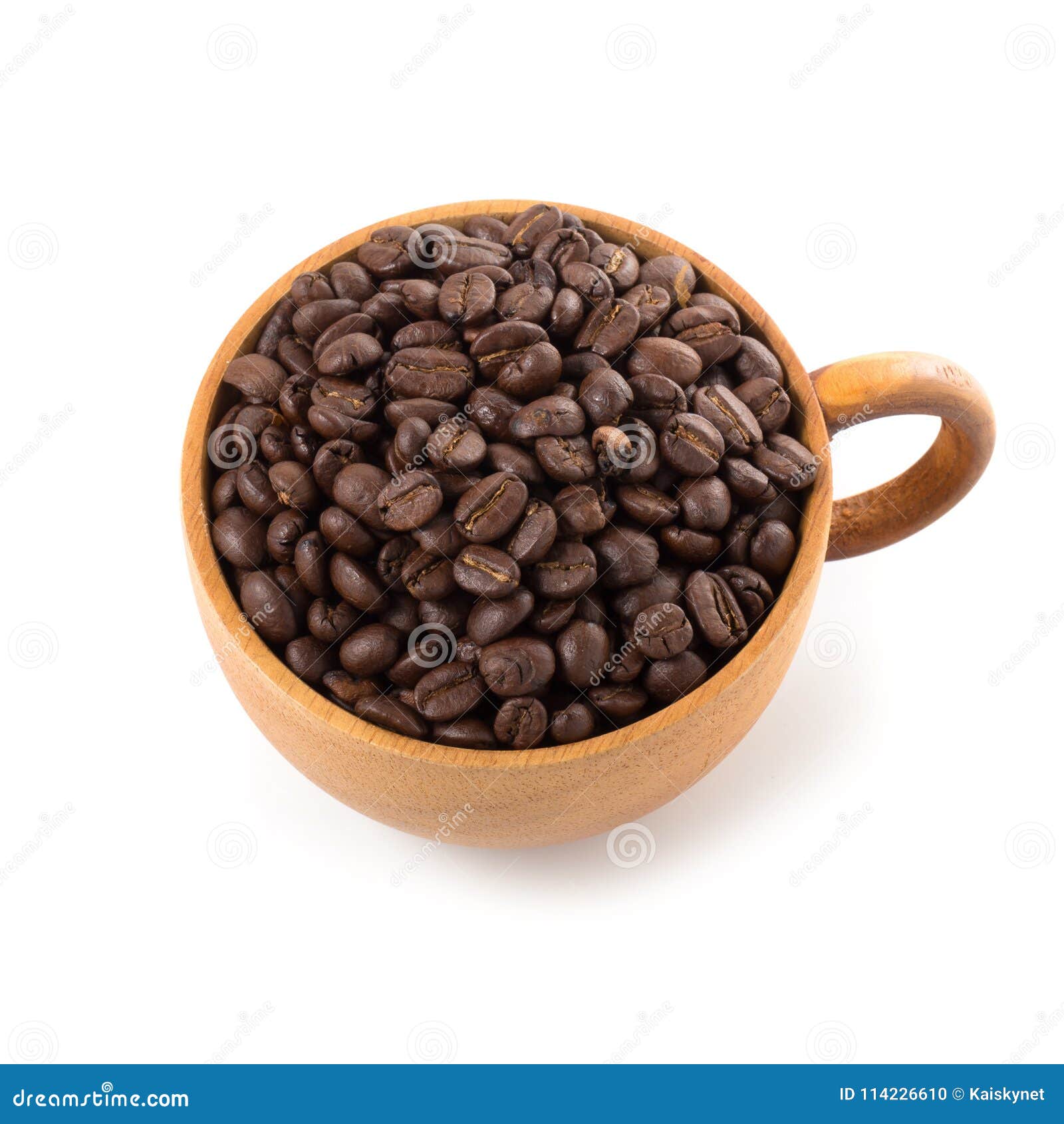 coffee beans in wooden cup ioslated on a white background