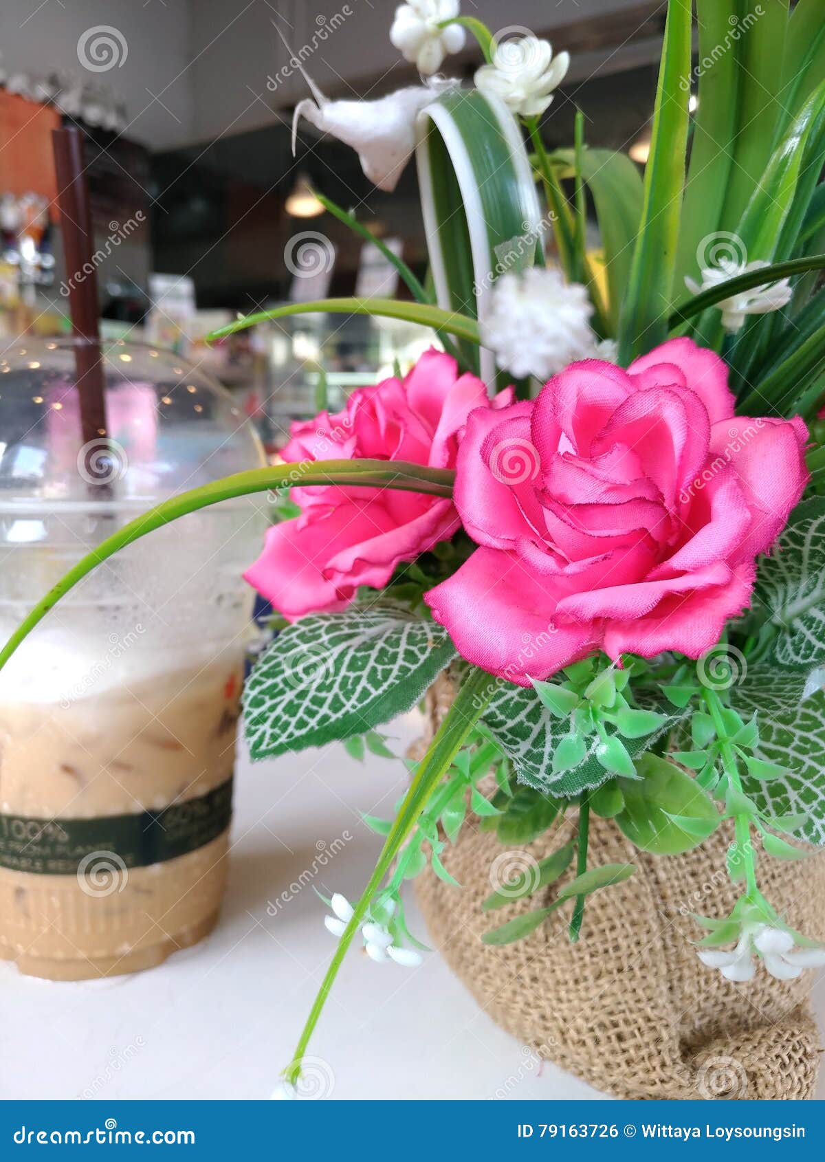 Coffee Break and Pink Flower at Coffee Shop Stock Photo Image of table, background 79163726