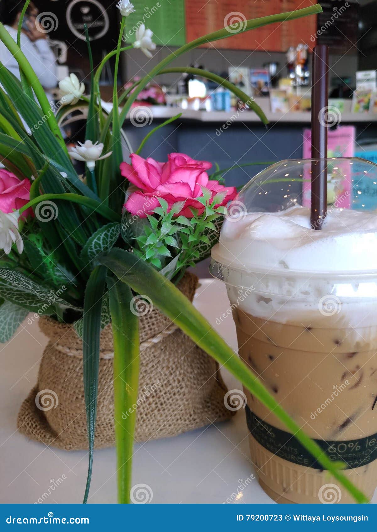 Coffee Break and Pink Flower at Coffee Shop Stock Image Image of shop, coffee 79200723