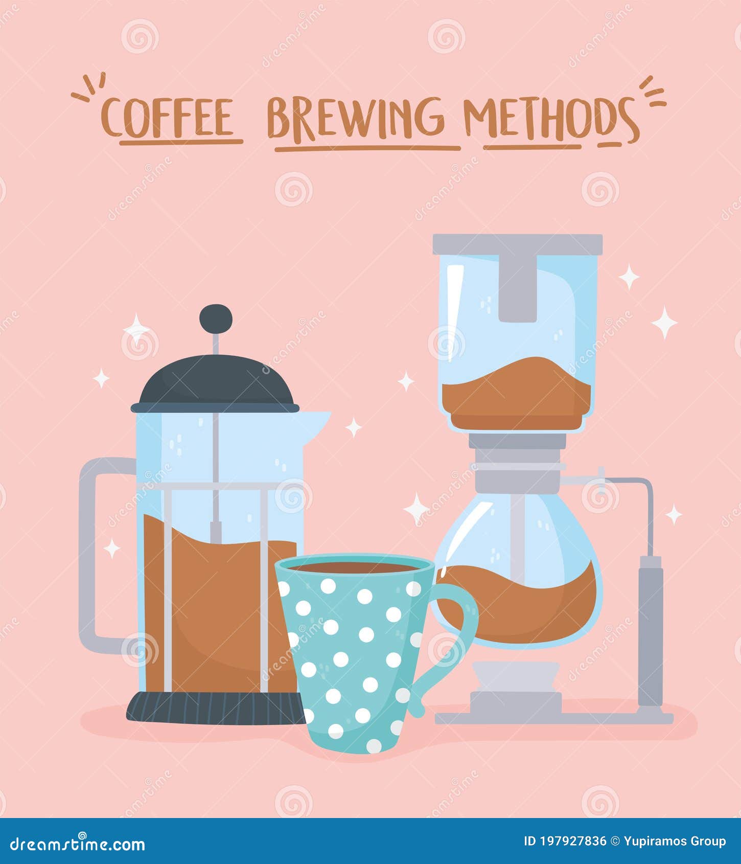 Coffee Brewing Methods, Syphon French Press and Coffee Cup Stock Vector