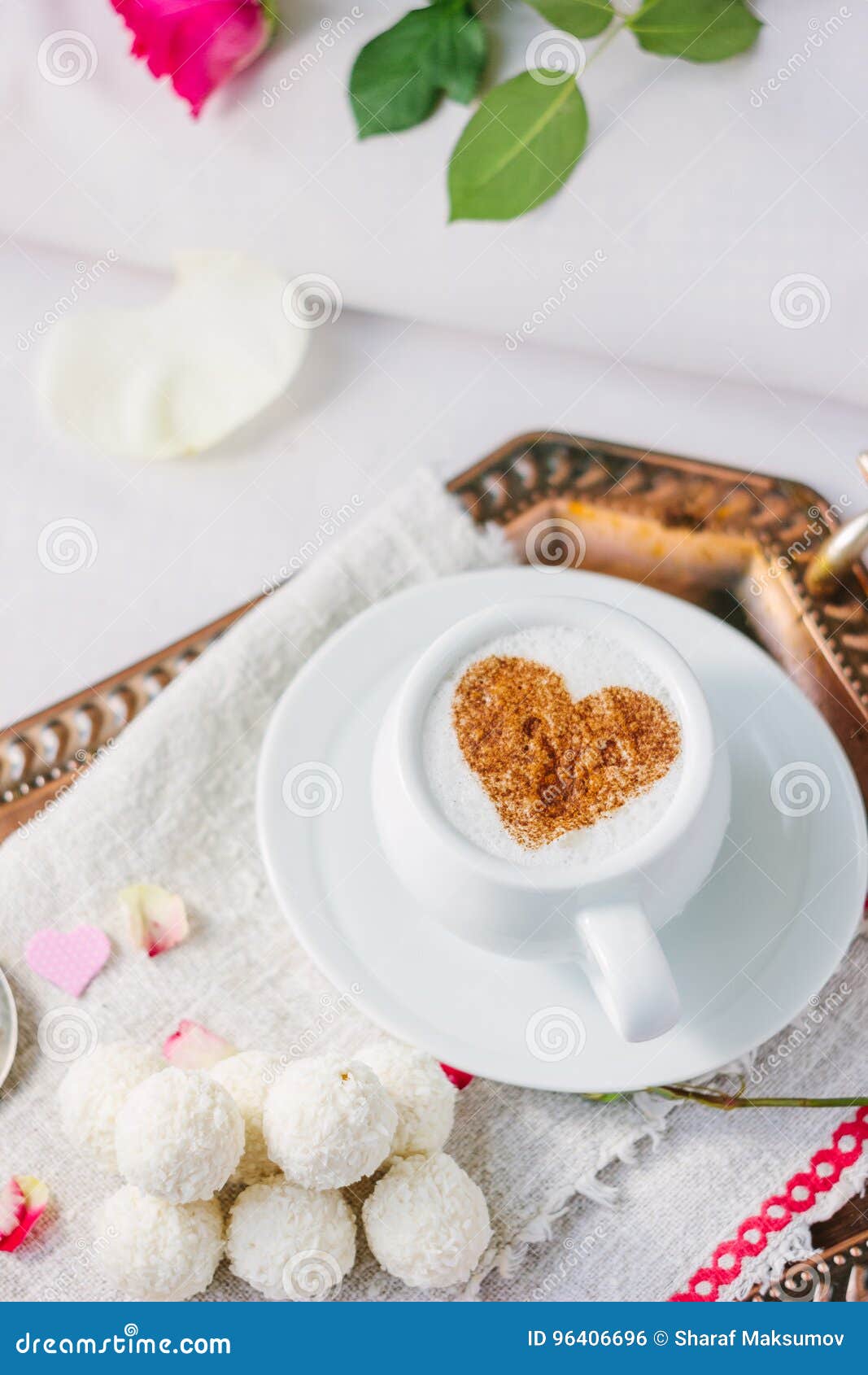 Coffee and Candy in Bed Breakfast in Hotel Room. Stock Photo Image of