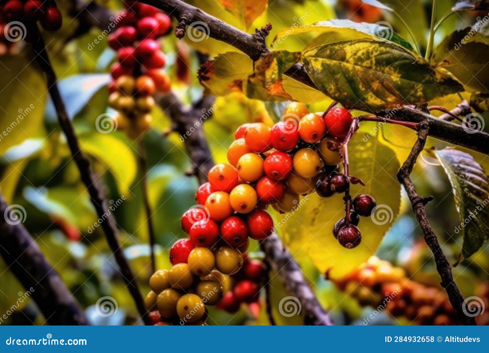 Coffee Cherries Ripening on Tree with Vibrant Colors Stock Photo
