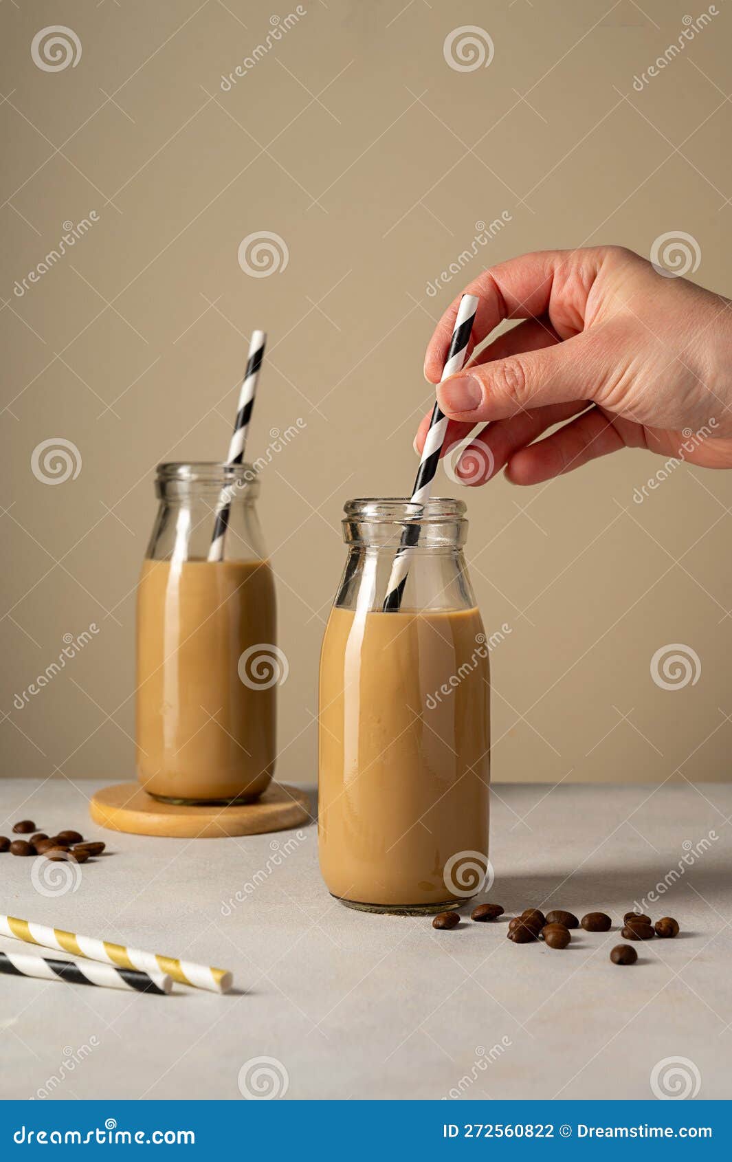 Coffee or Chocolate Drinks in Glass Bottles, Iced Coffee. Stock Photo