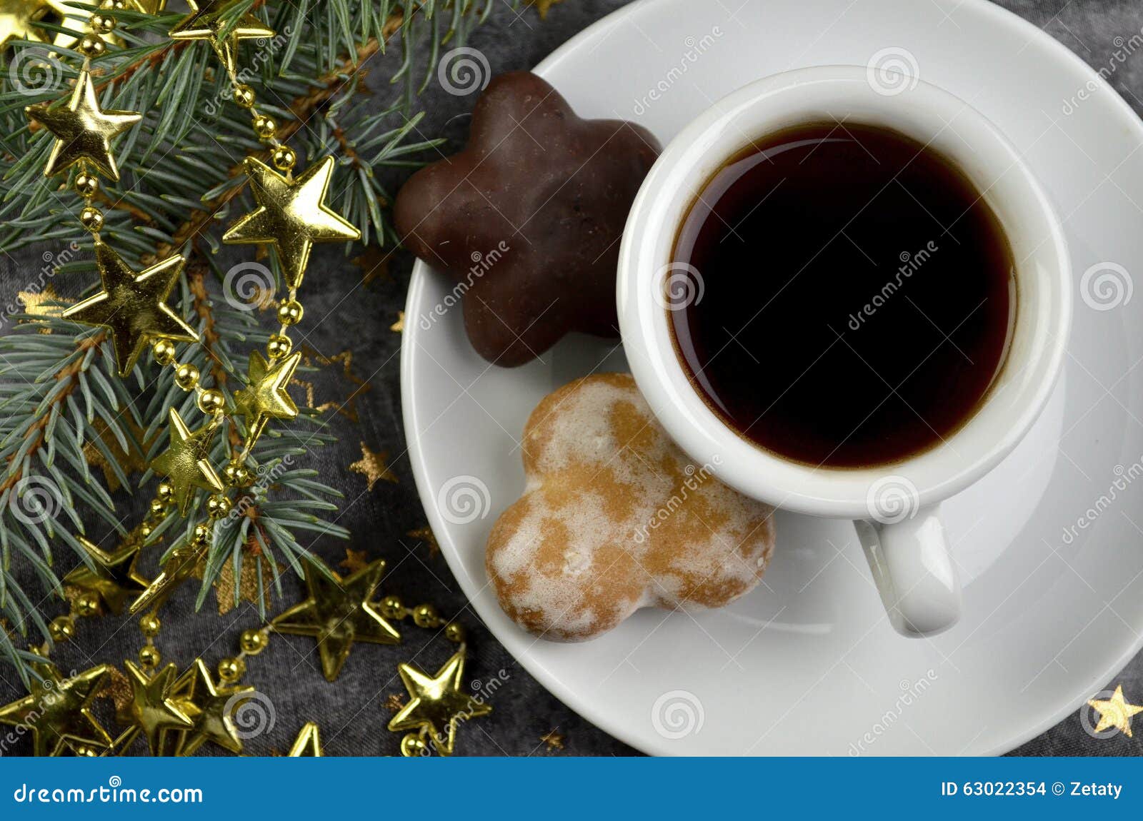 Coffee with Christmas Decorations Stock Photo Image of gray, handle