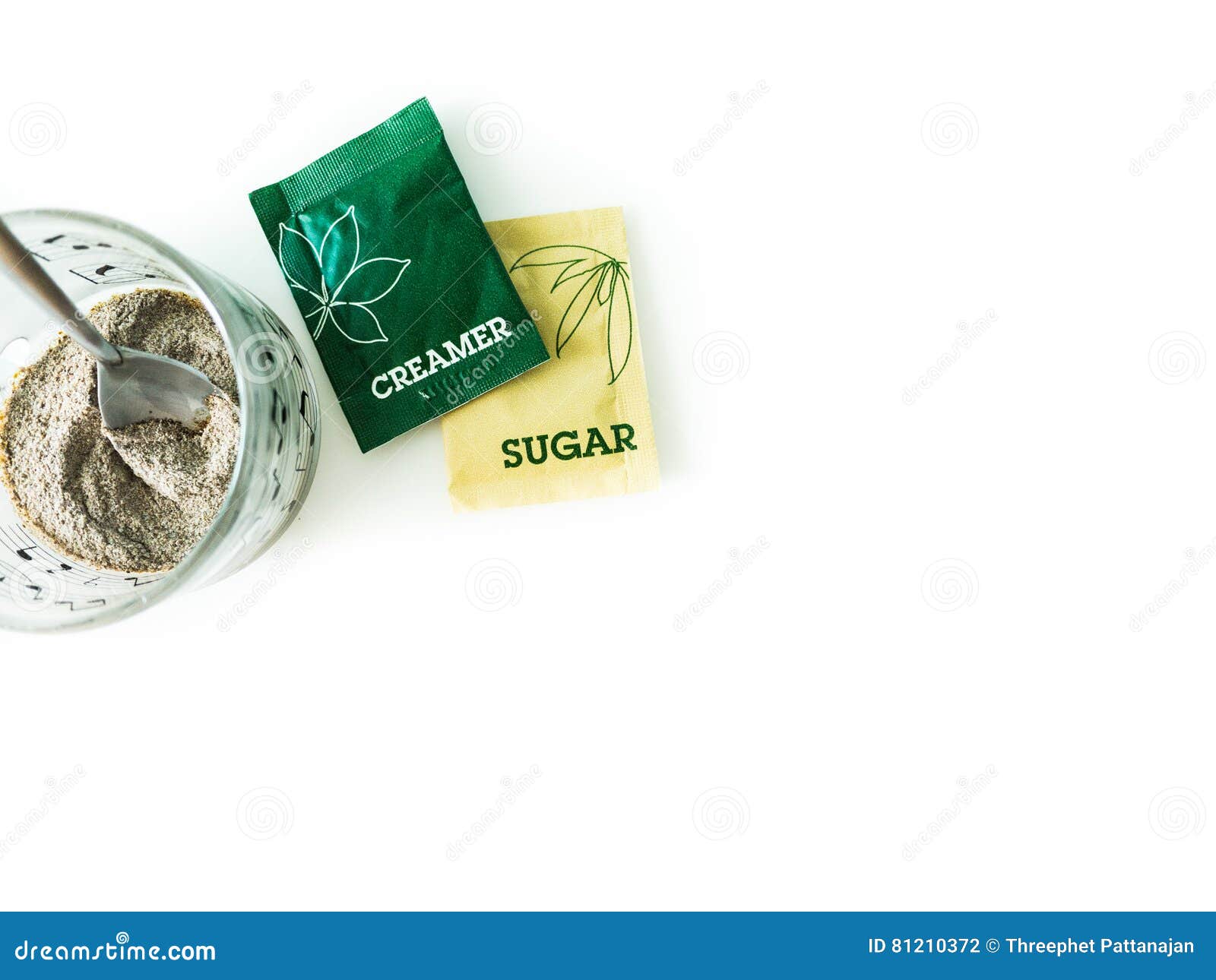 Coffee, Coffee Cup, Creamer Sachets, Sugar Packets for Breakfast Stock