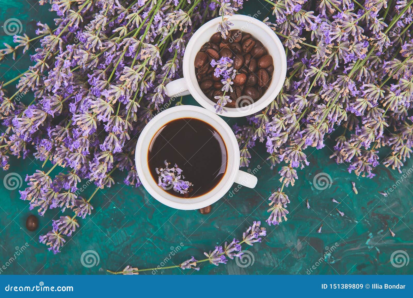 Coffee Coffee Grain In Cups And Lavender Flower On Green