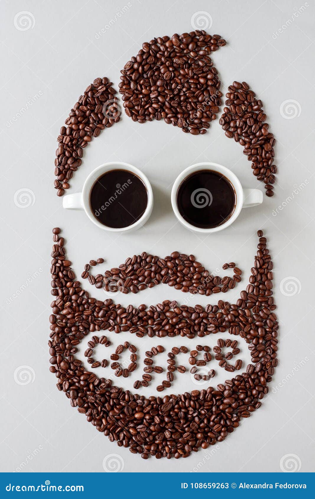 Coffee Concept. Bearded Hipster Man Made of Coffee Beans with Glasses