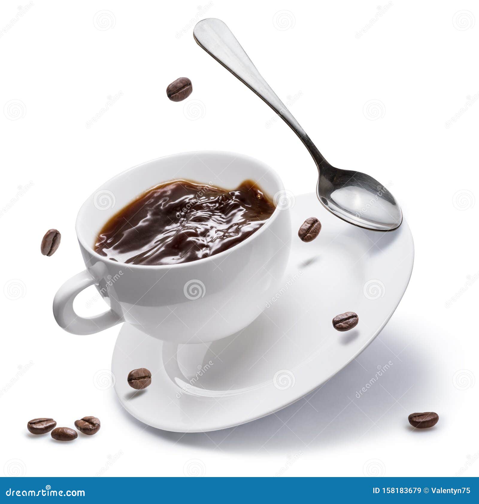 Coffee Cup, Coffee Beans And Spoon Flying Over A White Plate Isolated