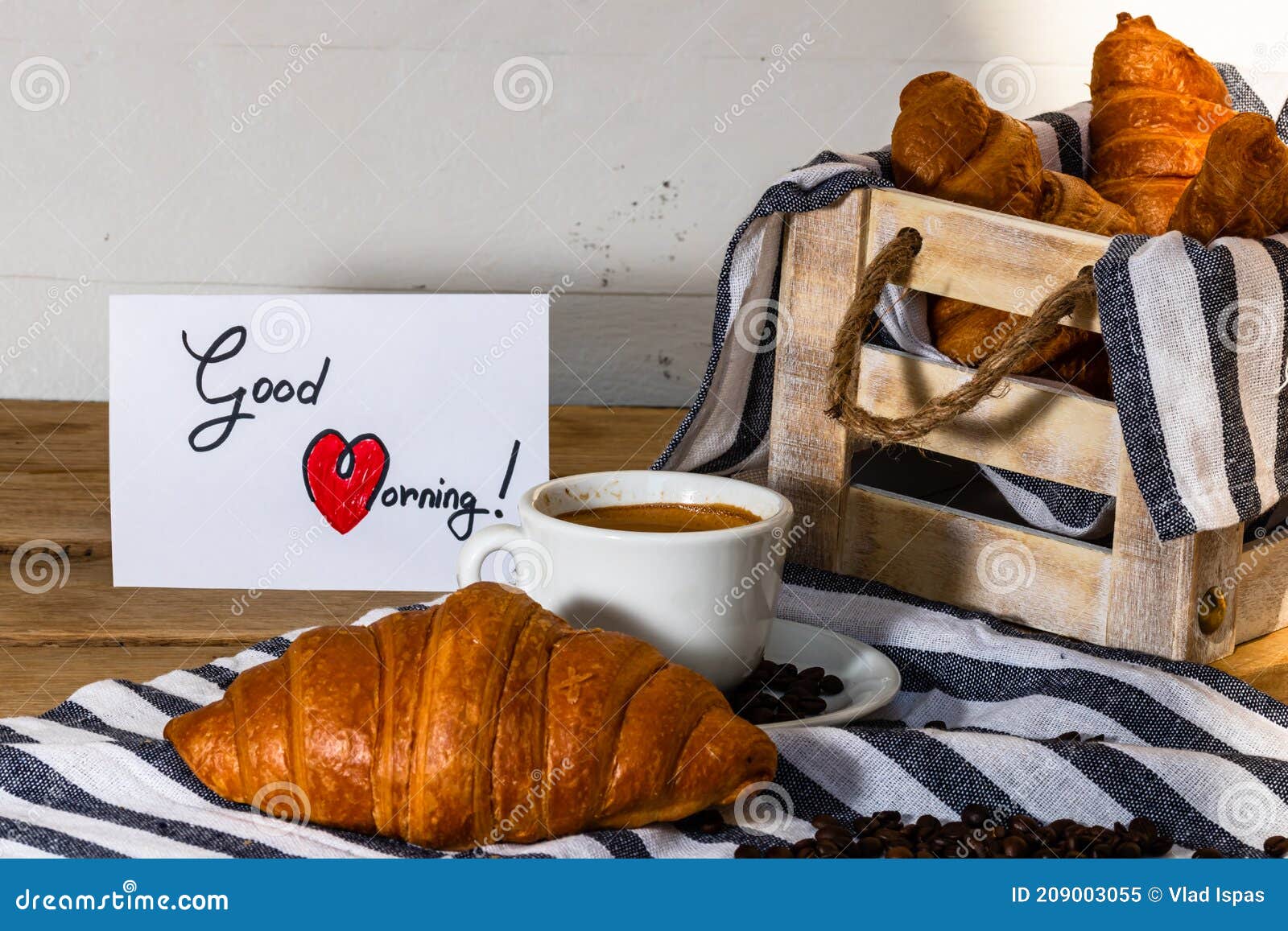 Coffee Cup and Buttered Fresh French Croissant on Wooden Crate ...