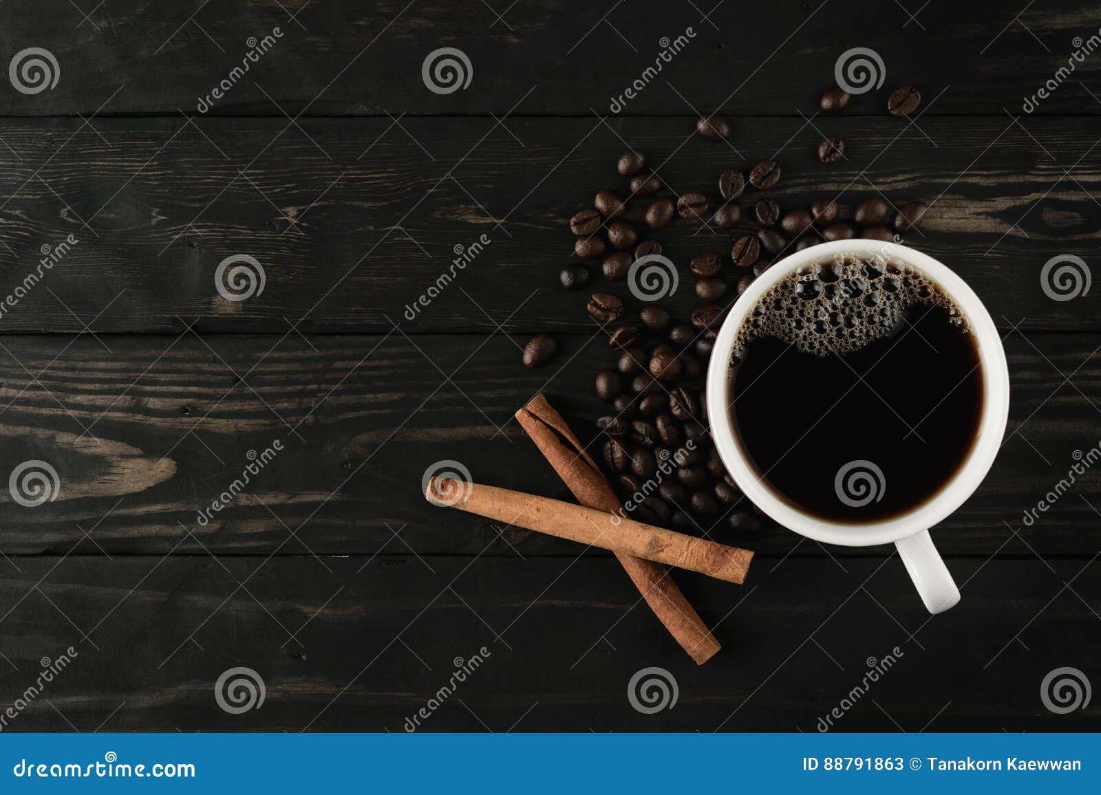 Coffee Cup and Cinnamon on Black Wood. Stock Image Image of roasted