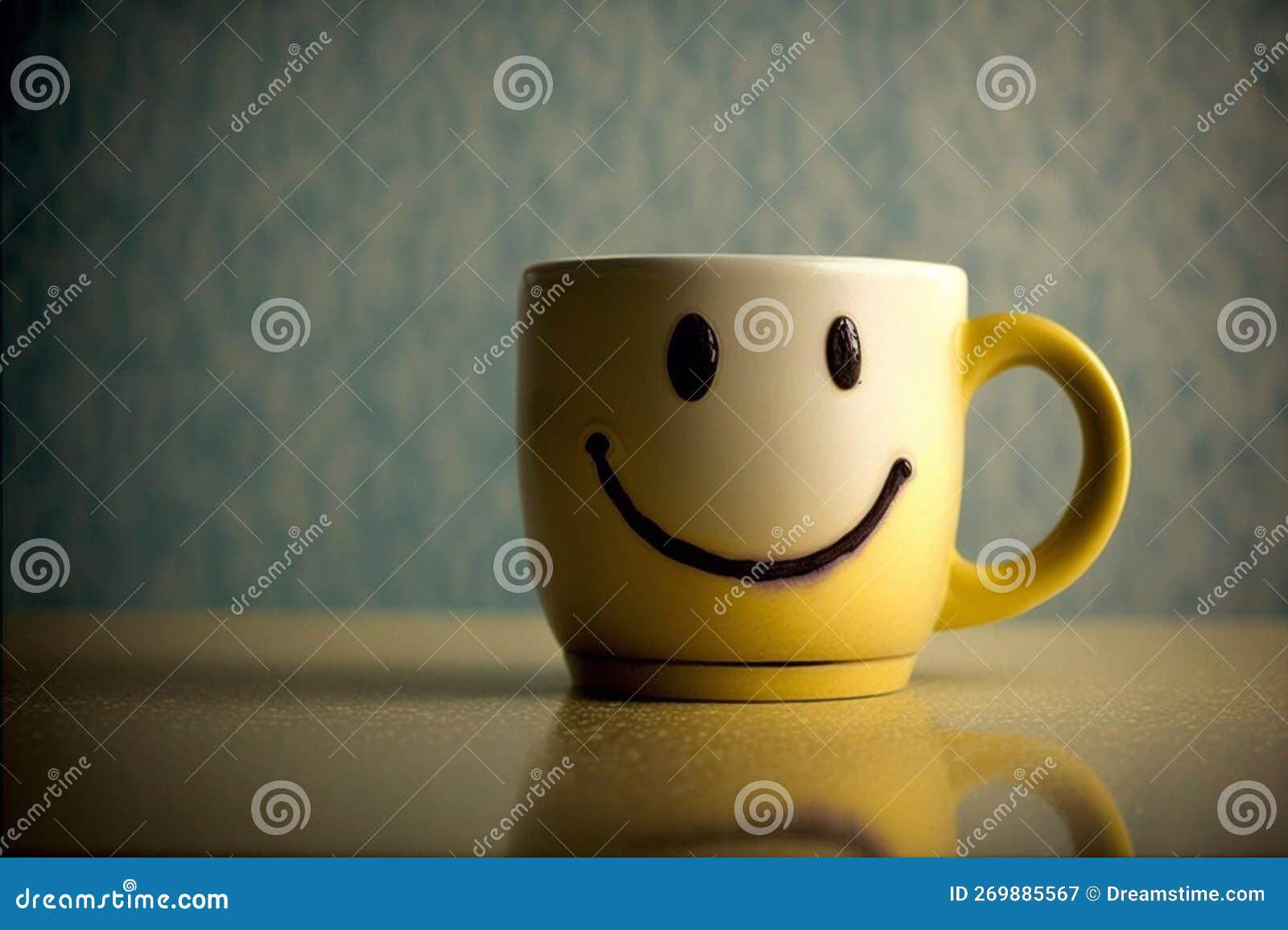 Coffee Cup or Mug with Smiley Happy Face Sitting on a Table. Ai