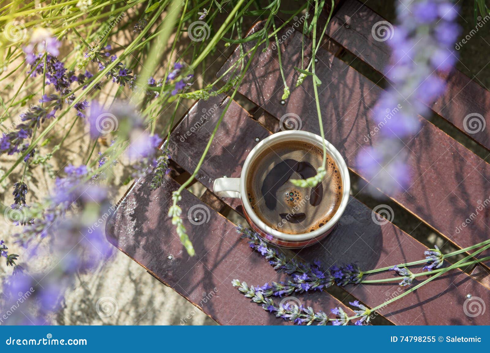 Coffee Cup Outside Surrounded by Lavender Stock Image - Image of light