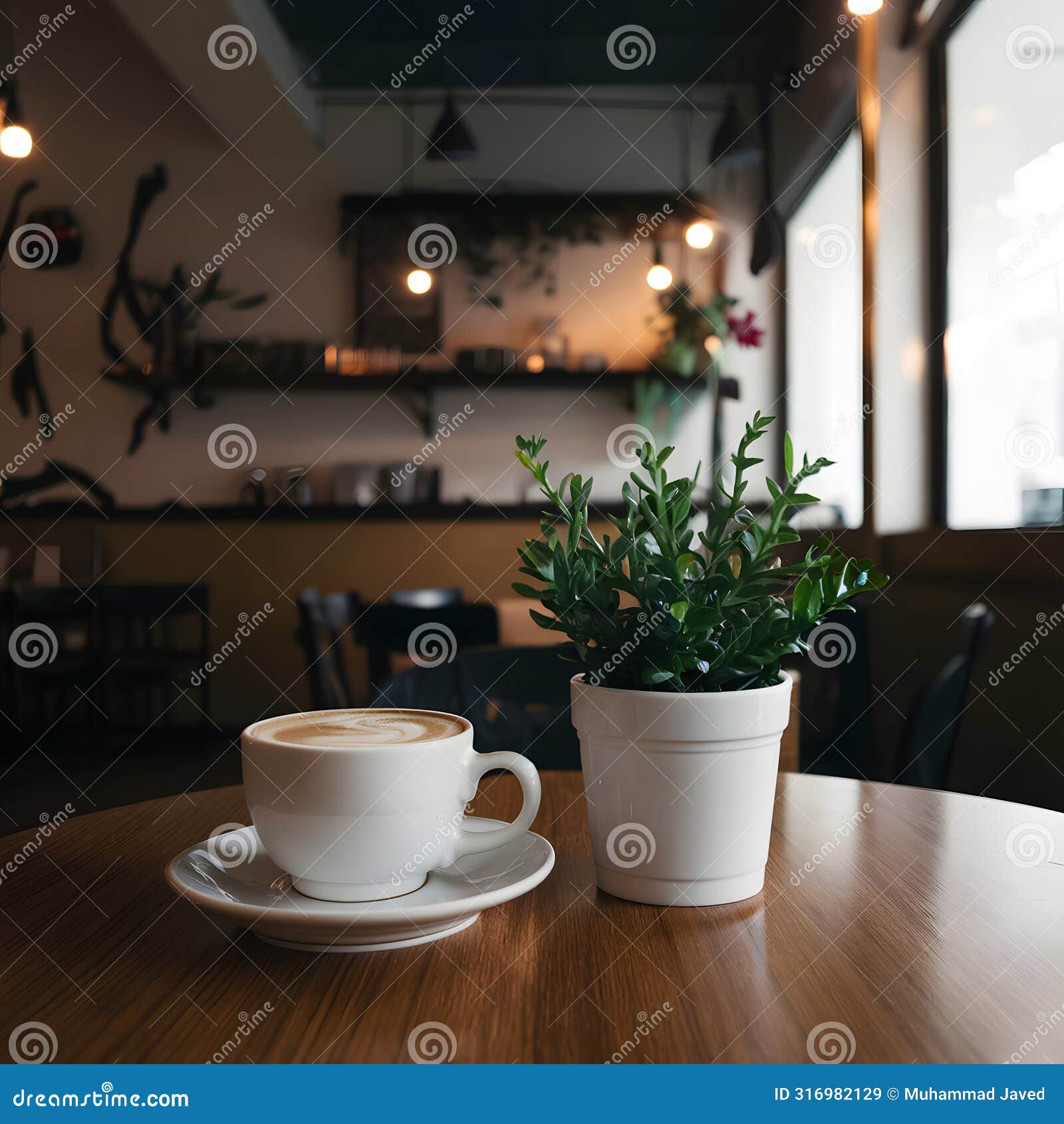 coffee cup and plant adorn table in cozy coffee shop interior