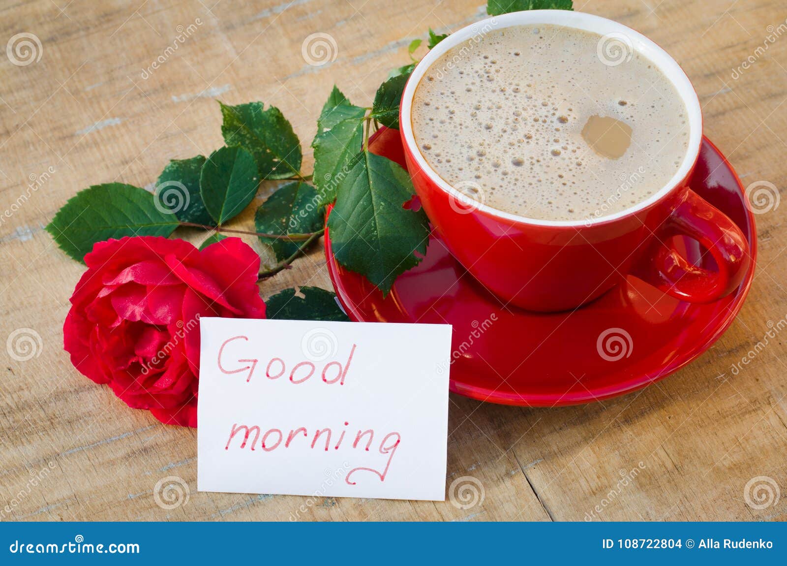 Coffee Cup with Red Rose and Notes Good Morning Stock Photo ...