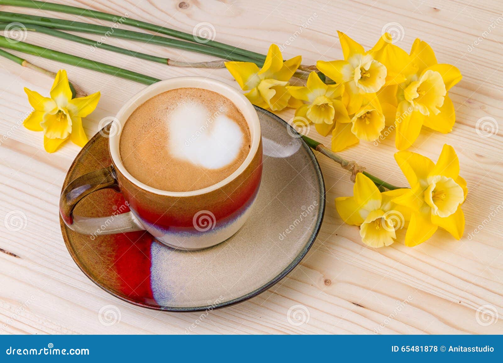 Coffee Cup with Spring Flowers Stock Photo Image of wood, shot 65481878