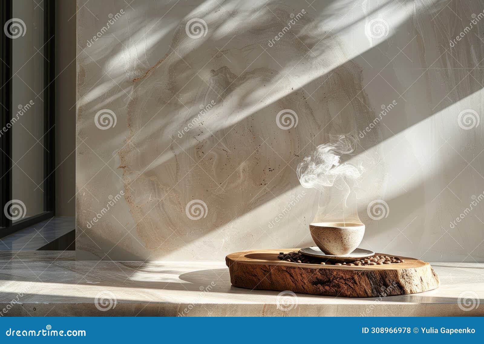 coffee cup with steam rising from beans on wooden table, spectacular backdrops, light brown and white