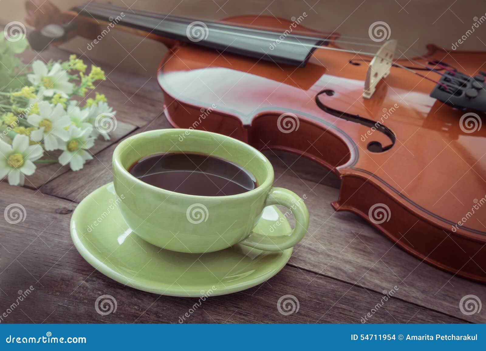 Coffee Cup and Violin on Wooden Table, Filtered Image Stock Photo