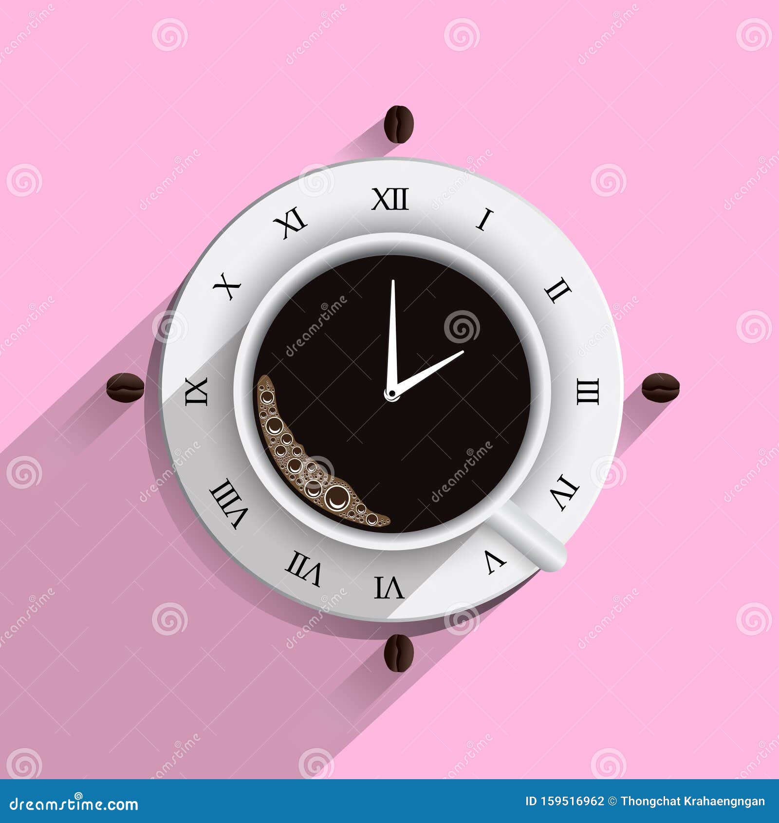 Coffee Cup with Wall Clock Time Stock Vector Illustration of pink