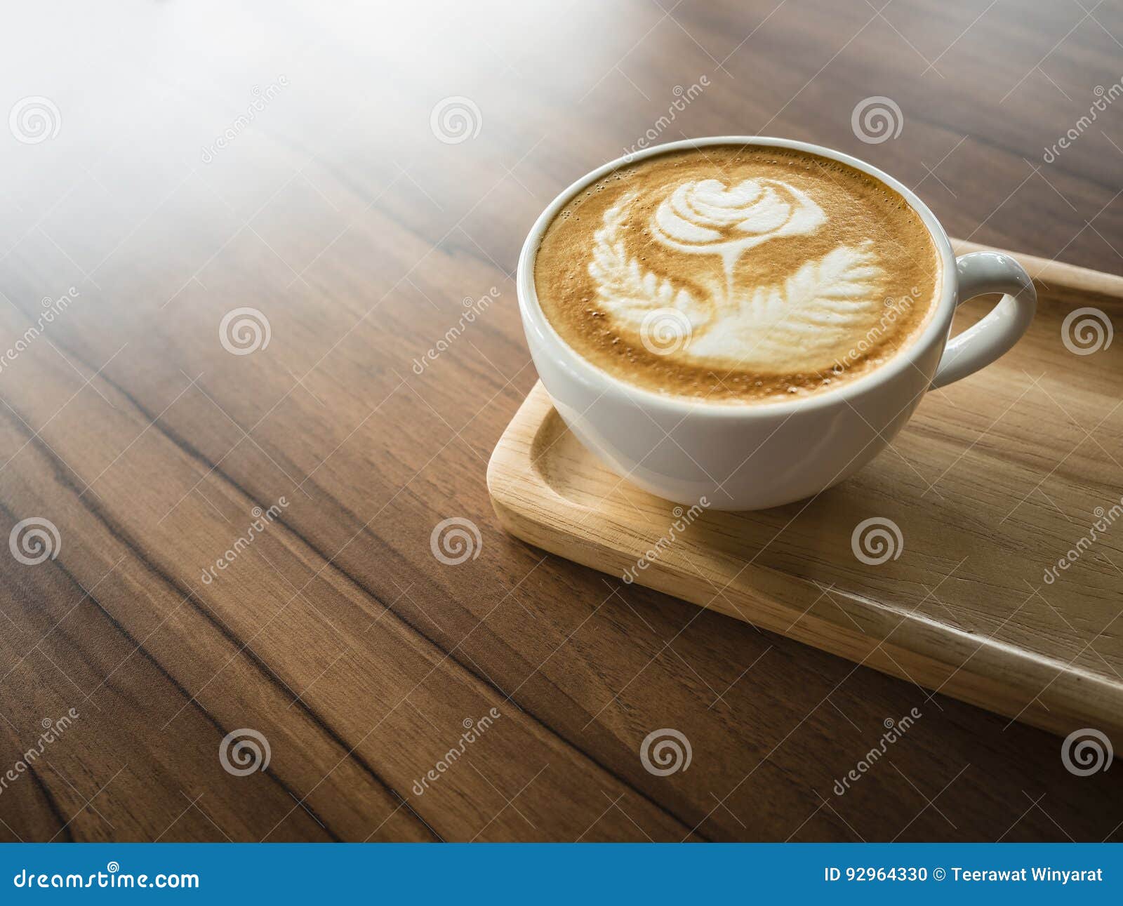Coffee Cup Wooden Tray on Table Latte Art Cafe Stock Photo - Image of