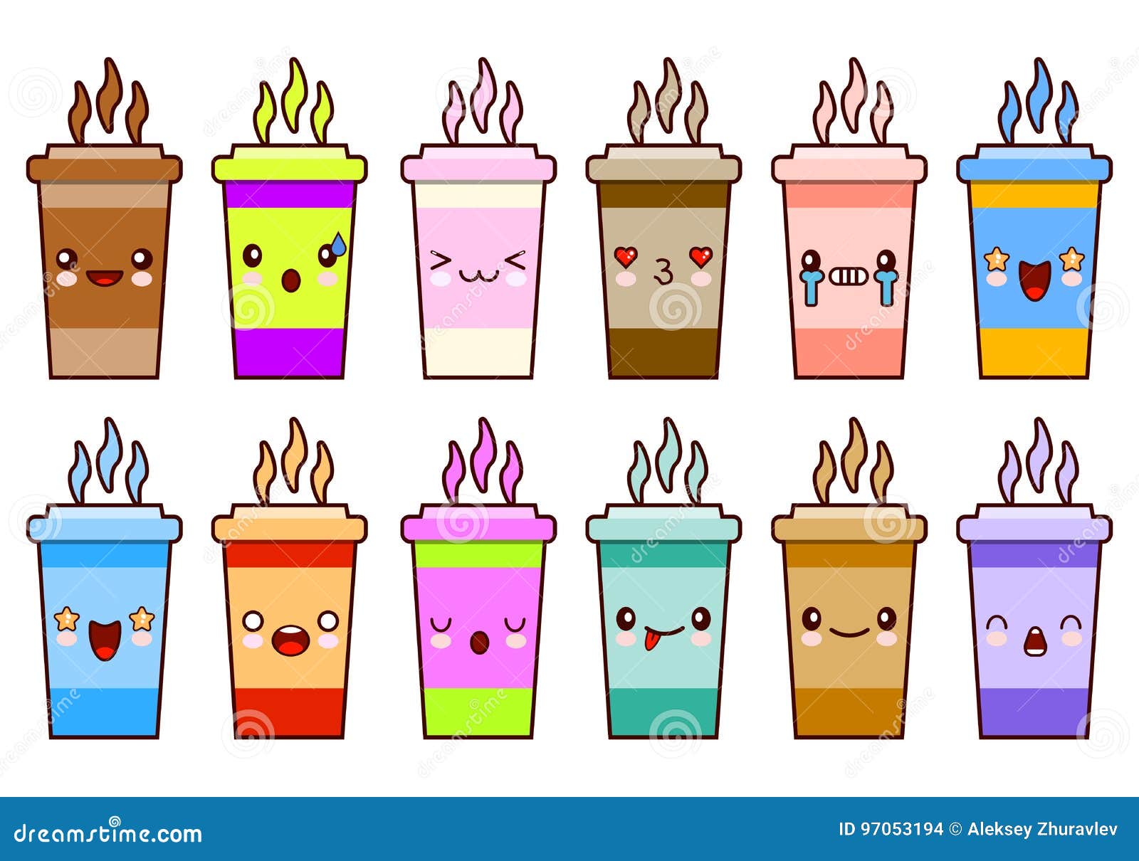 Coffee Cups Icon Set Characters Kawaii Face Emoticons Flat Design