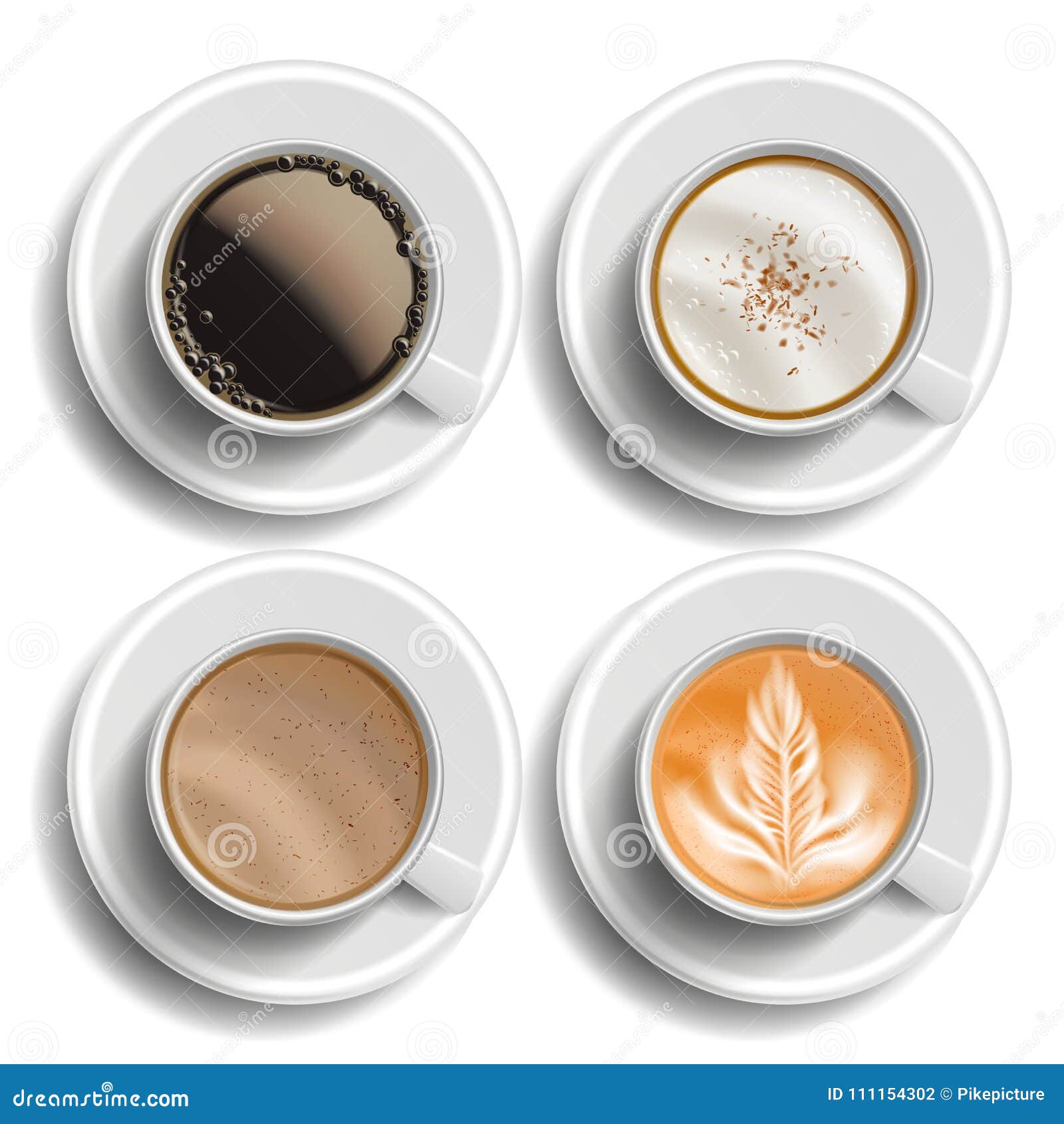 coffee cups set . top view. different types. coffee menu. hot latte, cappuchino, americano, raf coffee. fast food