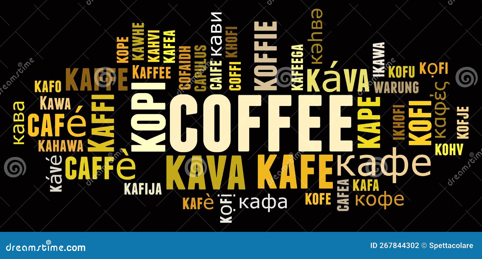 Coffee in Different Languages Word Cloud Concept on Black Stock
