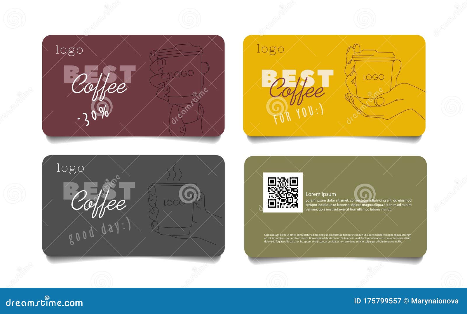 Coffee Discount Coupon Voucher Cards with Line Sketch Illustration of