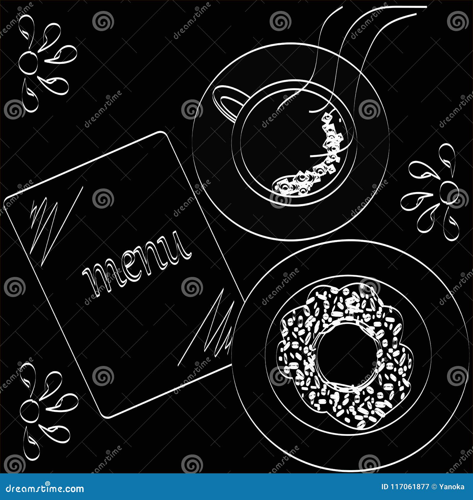 Coffee, Donut and Menu Drawn on a Black Background Stock Vector -  Illustration of closeup, black: 117061877