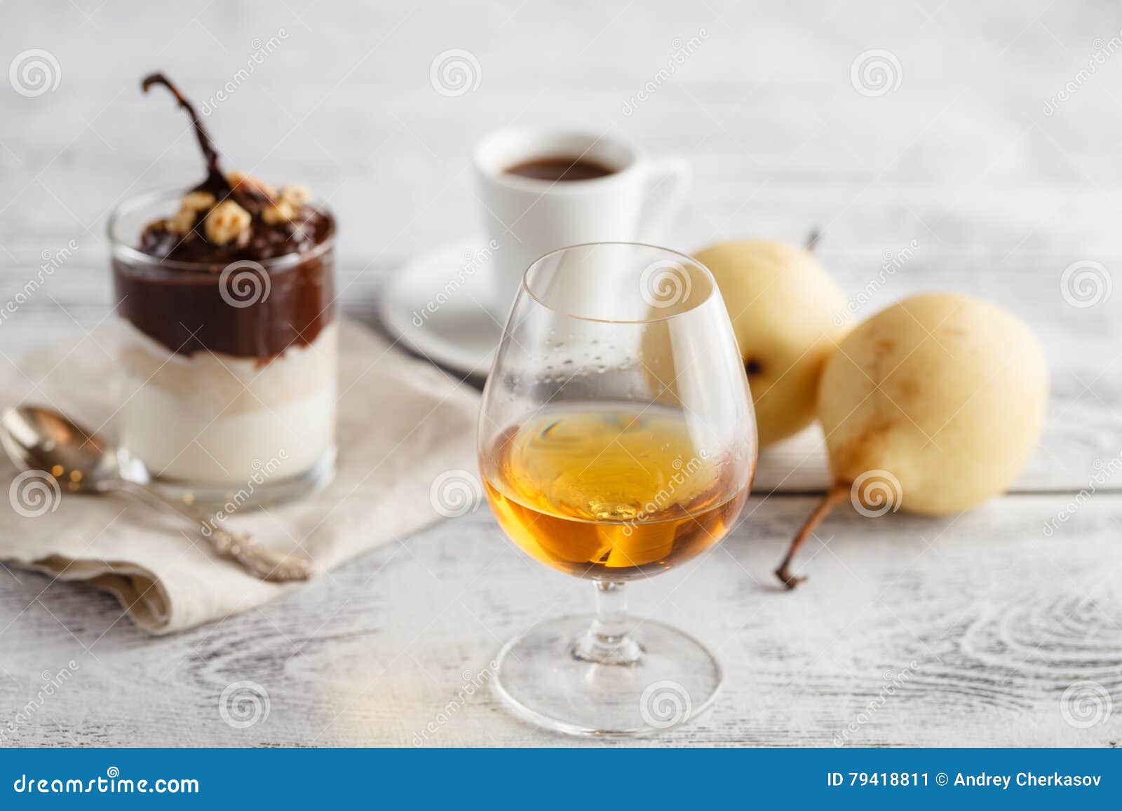 Coffee and Drink. Cup of Coffee and Cognac Brandy Whiskey Aperitif