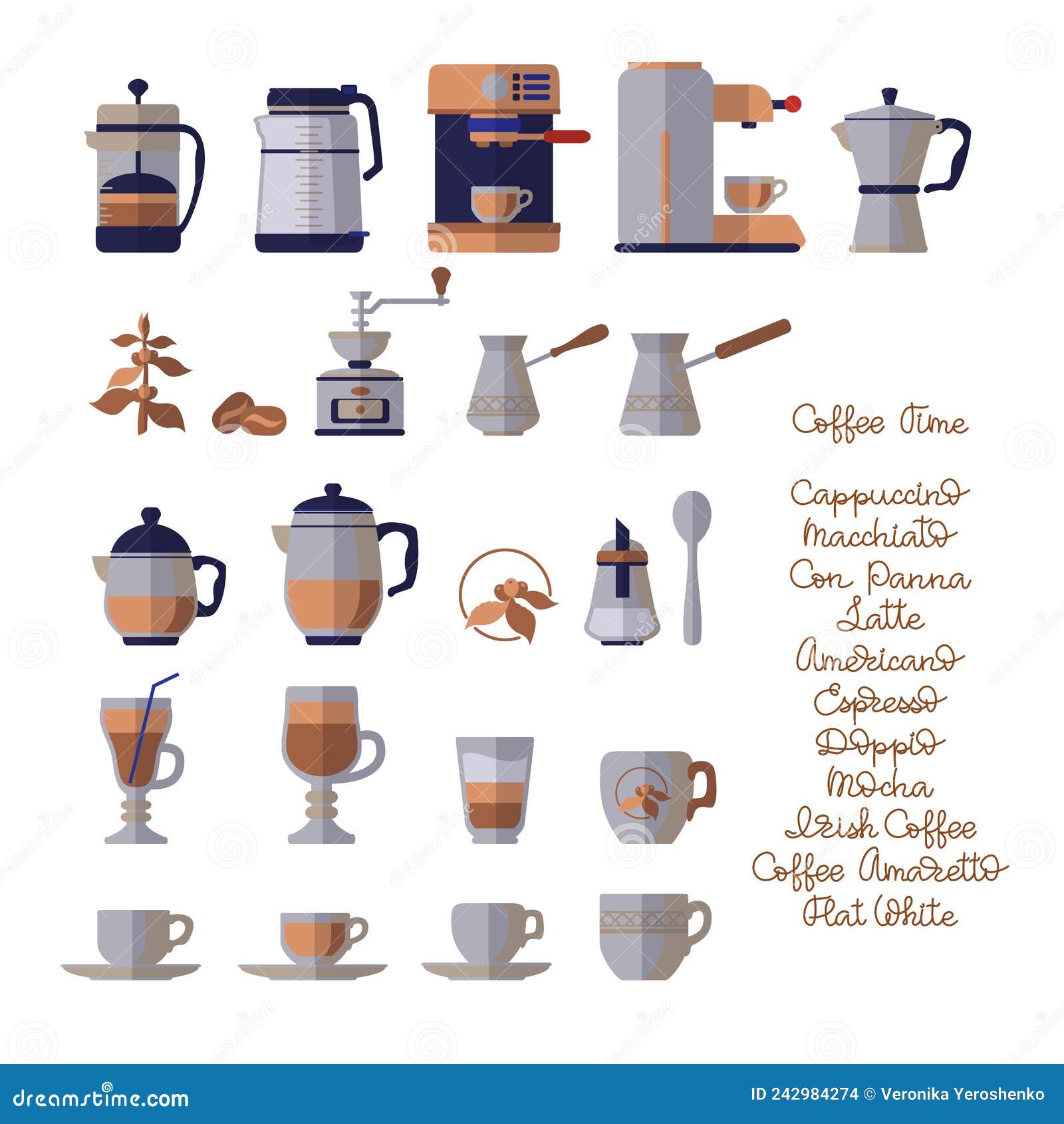 Coffee Equipment Set. Barista Utensils and Tools. Vector Flat