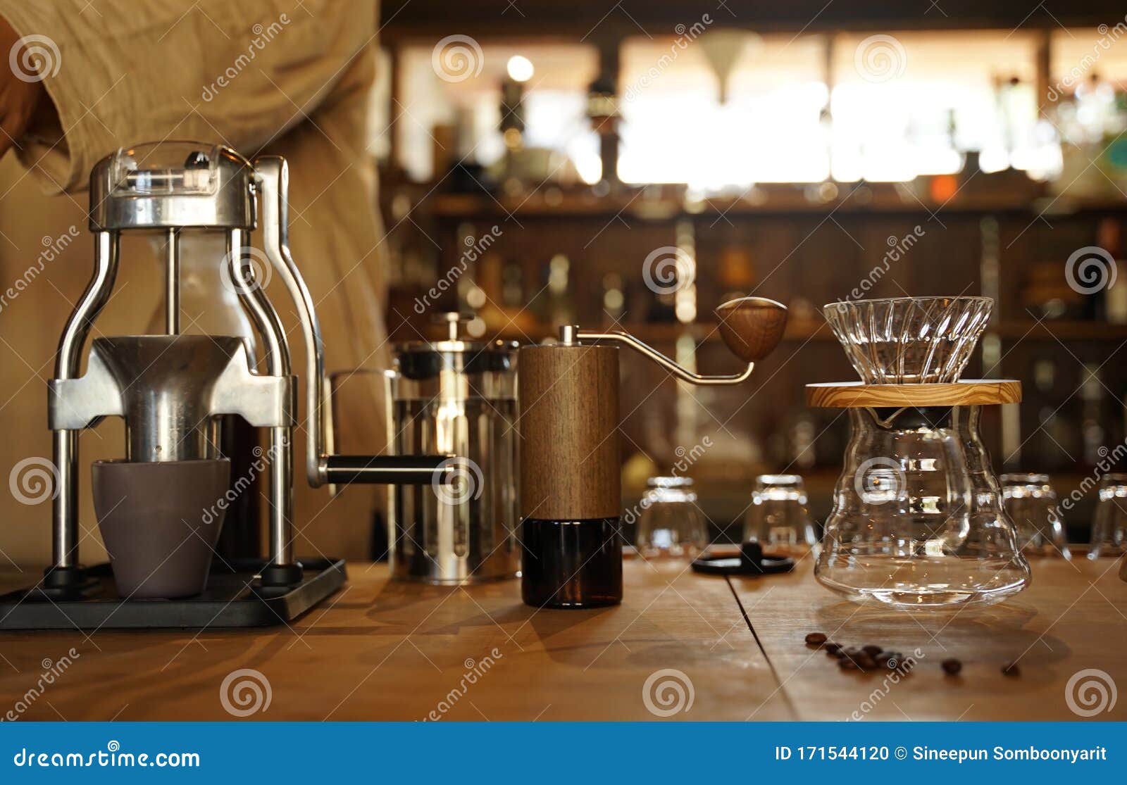 Coffee Equipments in the Coffee Shop on Timber Counter Stock Photo