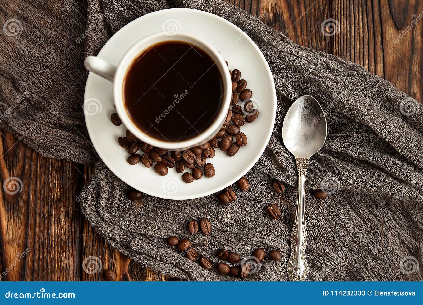Coffee Express Triple In White Cup Next To Coffee Beans Scattered On Dark Vintage Wooden Table ...