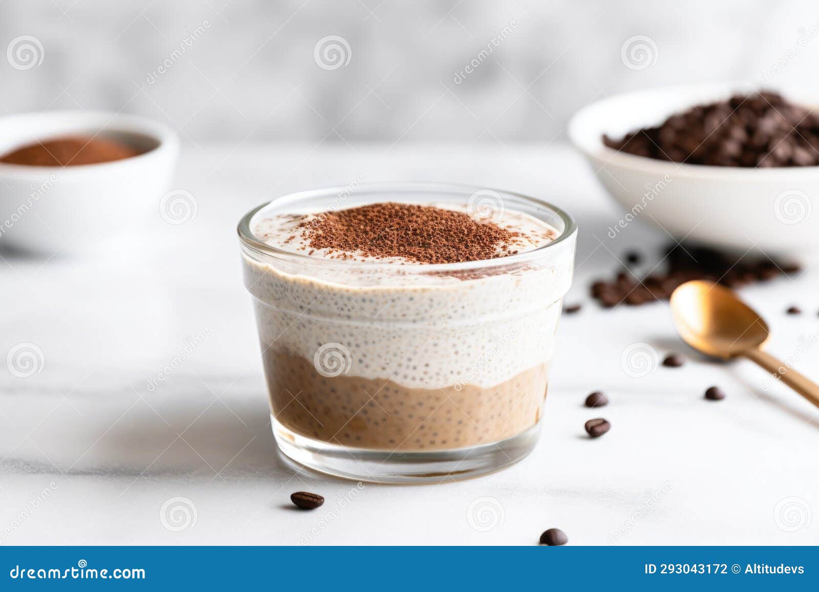 Coffee Flavored Chia Seed Pudding on a Marble Countertop Stock Photo