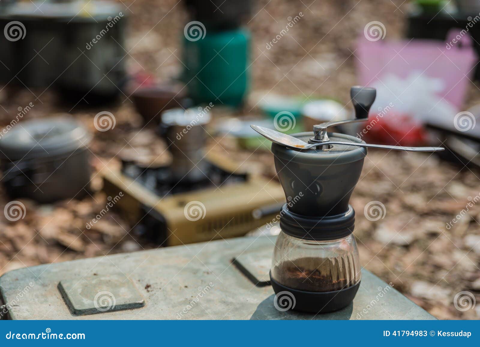 The Coffee Grinder for Camping in the Forest Stock Image Image of
